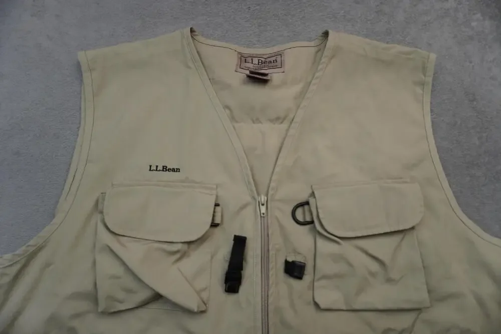 LL Bean Vest Mens XL Beige Canvas Multi Pocket Fishing Travel Outdoor Utility